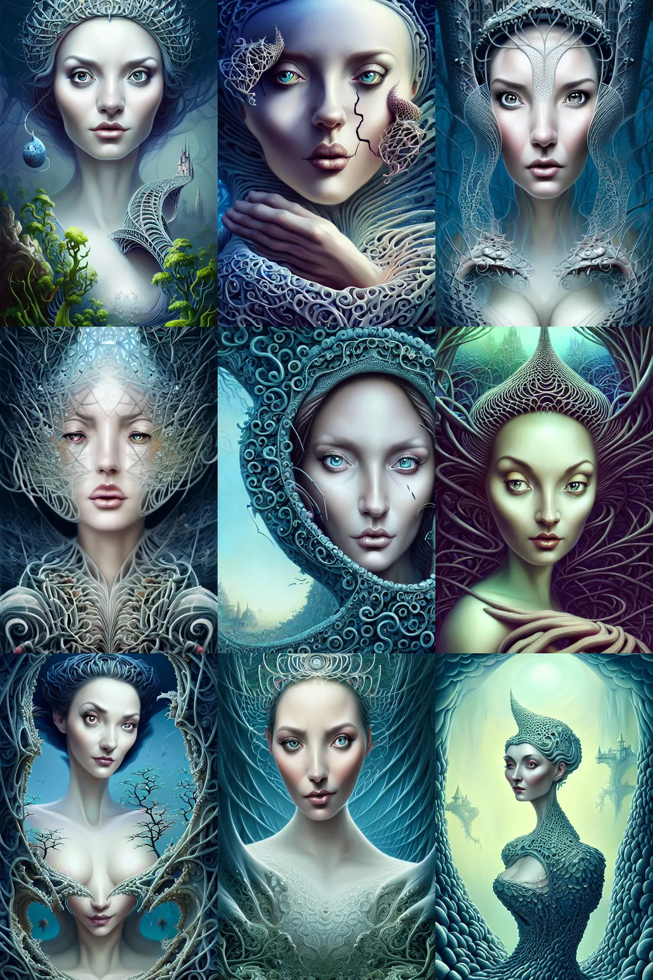 Prompt: a beguiling fantasy matte painting of an intricate beautiful closeup portrait face of a georgeous woman designed by heironymous bosch, structures inspired by heironymous bosch's garden of earthly delights, surreal ice skin structures by cyril rolando and asher durand and natalie shau, insanely detailed, whimsical, intricate, sharp focus