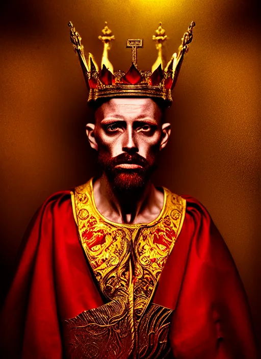 Image similar to 'Portrait of Crowned King Arthur' by Lee Jeffries royally decorated, whirling plasma, atmospheric motes, red and gold Sumptuous garb, gilt silk fabric, radiant colors, fantasy, perfect lighting, studio lit, micro details,