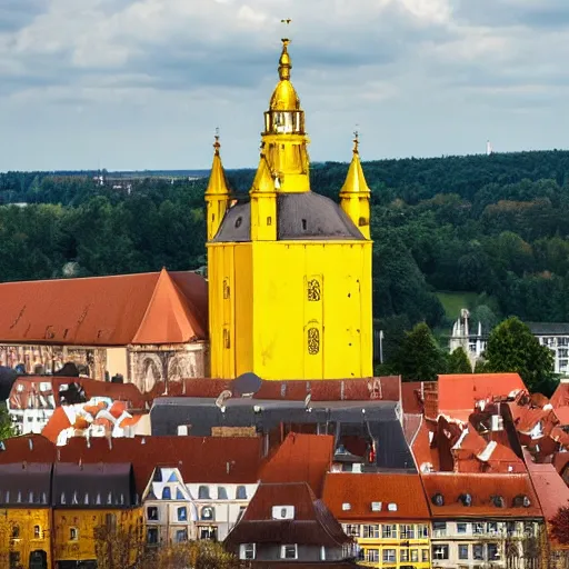 Image similar to a large yellow building with a steeple on top of it, on a hill, a flemish baroque by karl stauffer - bern, unsplash, heidelberg school, panorama, wimmelbilder, romanesque, danube school, pixabay contest winner