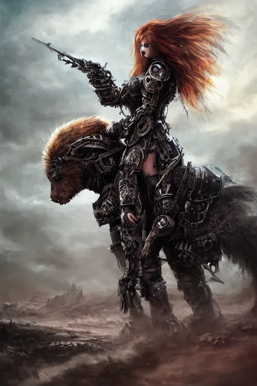 Image similar to ultra realist and ultra intricate detailed soft painting of a beautiful gothic armored female riding a biomechanical war bear on the war field , thin lustrous long auburn hair and fur, symmetry features, sensual gloomy style, volumetric clouds, cyberpunk background, artstation, unreal render, depth of field