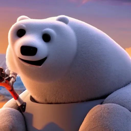 Prompt: ice bear as a robot with an axe from we bare bears in san fransisco, 8 k, weta pixar disney hyper realistic cinematic still