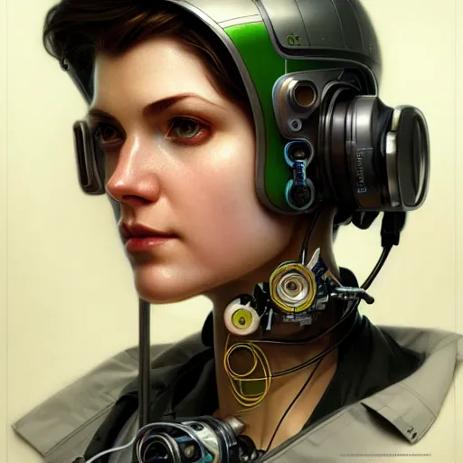 Image similar to portrait of medical paramedic cyborrg,wires,gadgets,cables,lenses,gears intricate, elegant, highly detailed, digital painting, artstation, concept art, smooth, sharp focus, illustration, art by artgerm and greg rutkowski and alphonse mucha