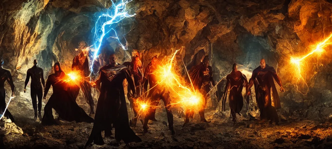 Image similar to Realistic Photo of Six wizards standing in dark cave and shoot fireballs from their magic staffs at DC comic character Black Adam, dark ancient atmosphere, full of glowing particles floating randomly from ground, dramatic lighting, fluid colorful particles rising from ground, realism of movie with fine details