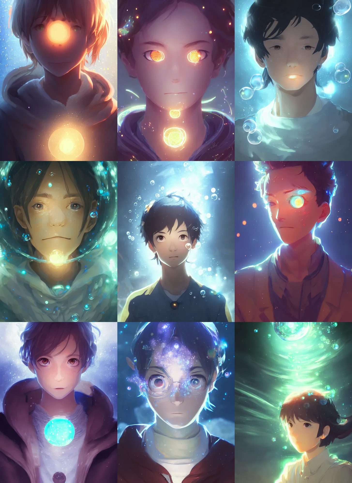 Prompt: a portrait of elemental bubbles - kun, shiny, intricate, tone mapped, ambient lighting, highly detailed, digital painting, artstation, concept art, 4 k, god rays, stunning beautiful, glowing eyes, sharp focus, by makoto shinkai and akihiko yoshida and hidari and wlop