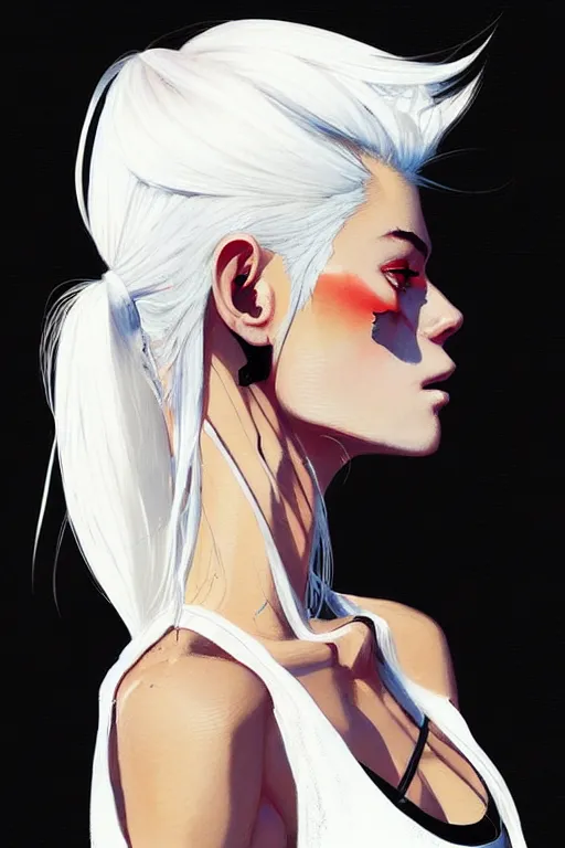 Image similar to a ultradetailed beautiful painting of a stylish woman in with white hair in a ponytail, she is wearing a black tank top, by conrad roset, greg rutkowski and makoto shinkai trending on artstation