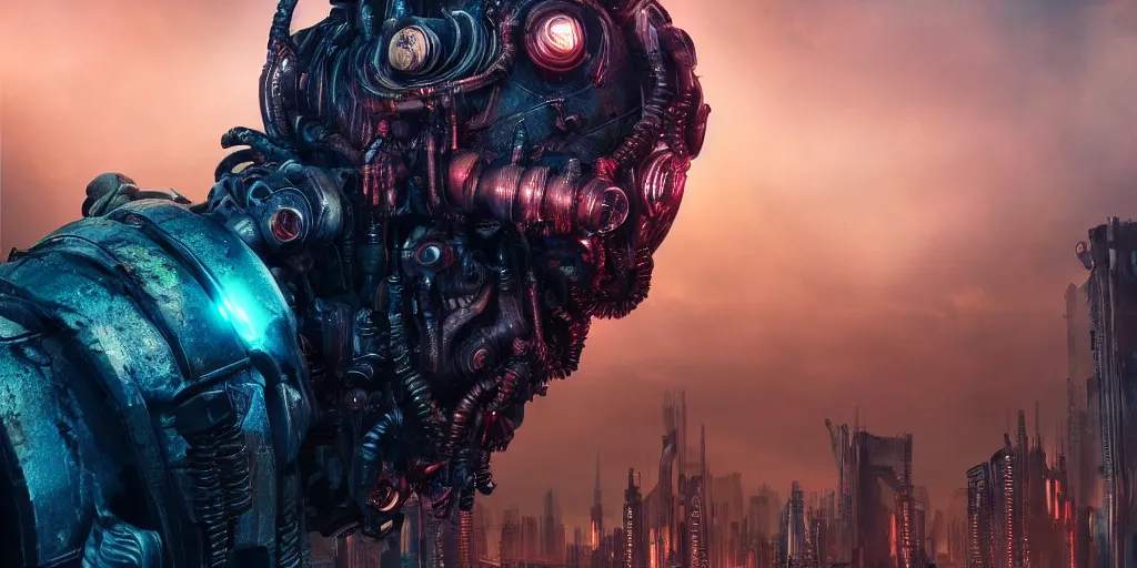 Image similar to a cyberpunk chtulhu creature closeup, fallout 5, studio lighting, deep colors, apocalyptic setting, vertically mirrored city in background