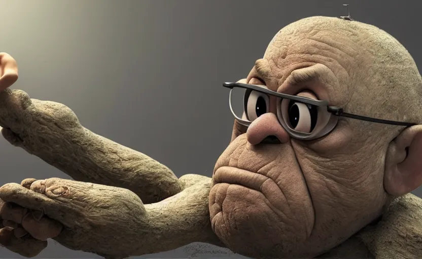 Prompt: very cute angry realistic old man creating ai images in front of computer, disney pixar character concept artwork, 3 d concept, in a rock chair, high detail iconic character for upcoming film, 8 k octane render