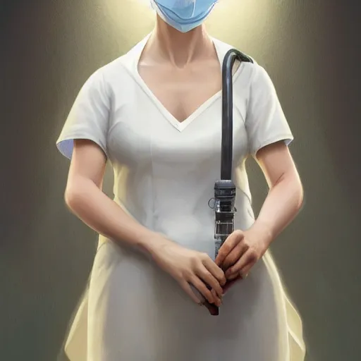 Prompt: epic portrait an female nurse in white dress and short sleeves wearing a mask and holding a syringe, digital painting, artstation, concept art, soft light, hdri, smooth, sharp focus, illustration, fantasy, intricate, elegant, highly detailed, D&D, matte painting, in the style of Greg Rutkowski and Alphonse Mucha and artemisia, 8k, highly detailed, jurgens, rutkowski, bouguereau, pastoral, rustic, georgic, detailed concept art, illustration, colorful pastel, painting, detail, ultra detailed, digital art, 4K,