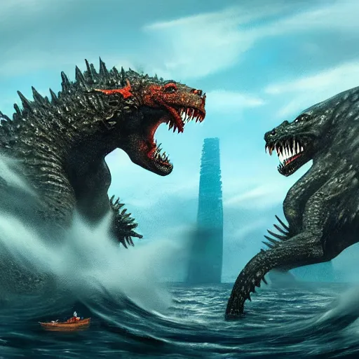 Prompt: Battle of two godzillas in the sea, very detailed, very realistic, artstation