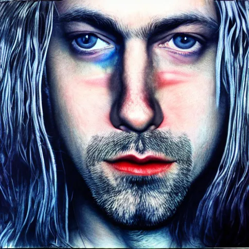 Prompt: colour masterpiece surreal closeup portrait photography of kurt cobain by miho hirano and annie leibovitz and michael cheval, smoke background, 8 k