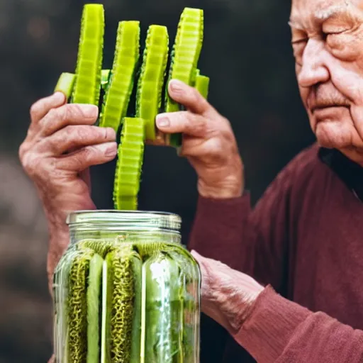 Image similar to an old man is stacking pickles his wife's head, making it look like a tower