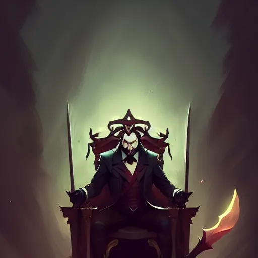 Prompt: gentleman from hell on the throne, league of legends, concept art, character design, wallpapers, dark fantasy, greg rutkowski, trending on artstation, detailed