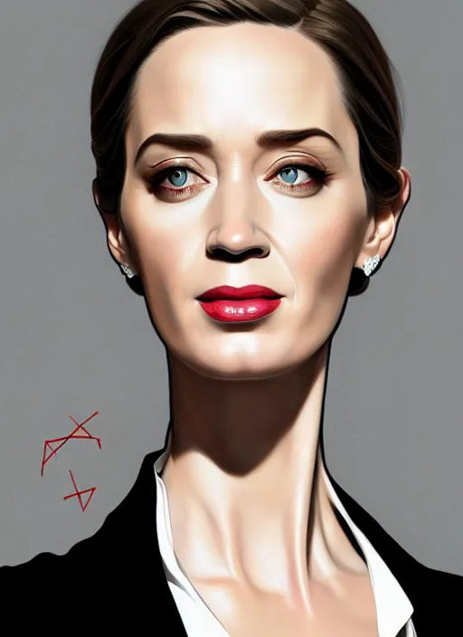 Image similar to portrait of emily blunt with cat eyes, as business woman, black suit, white shirt, black tie, intricate, headshot, highly detailed, digital painting, artstation, concept art, sharp focus, cinematic lighting, illustration, art by artgerm and greg rutkowski, alphonse mucha, cgsociety