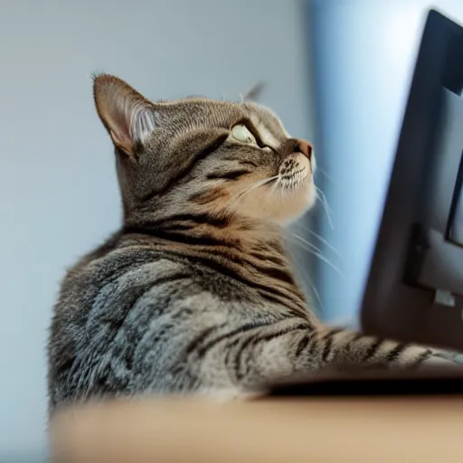 Image similar to cat working at a computer, photo, 8k.