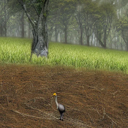 Image similar to high quality digital render of a moa grazing in a new zealand forest clearing.