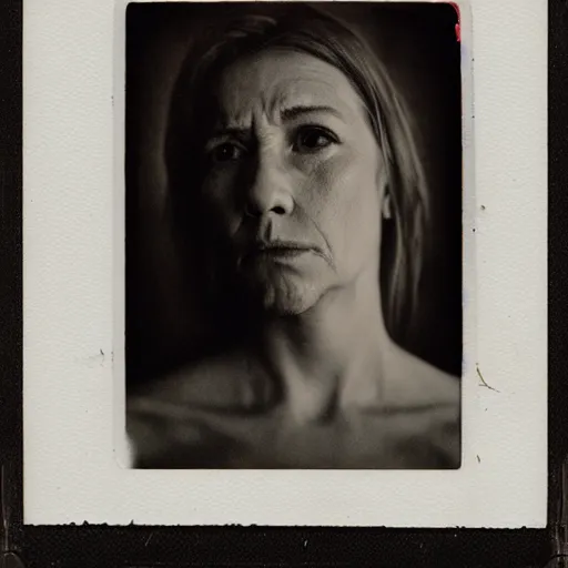 Prompt: portrait of woman. photo, harsh lighting. agonizing pain. polaroid type 6 0 0. horror.
