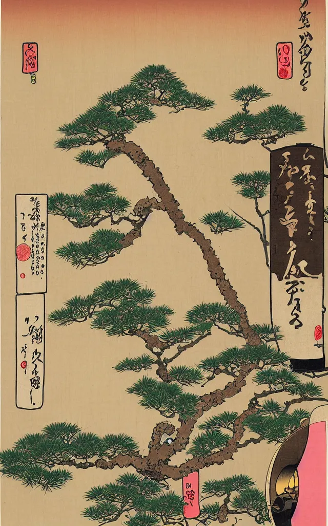 Image similar to an ukiyo-e banner depicting a bonsai tree inside a light bulb. The bonsai tree is on the base of the bulb. The bonsai tree has pink flowers on them.