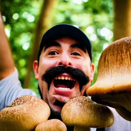 Prompt: photo of mario finding a giant mushroom, exhilarated, portrait, closeup. mouth open, 30mm, bokeh