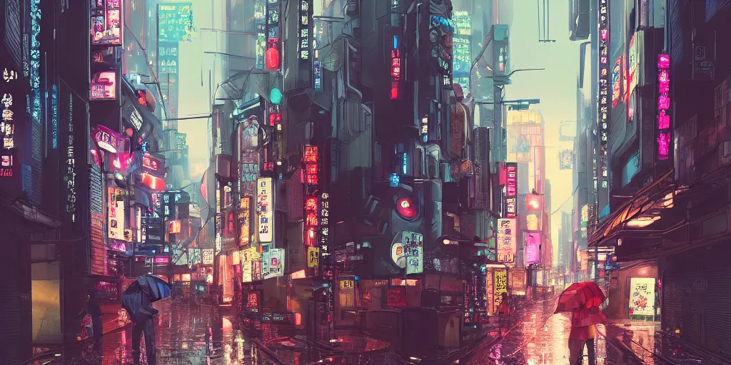 Image similar to Cyberpunk street on a rainy day in Japan, evening, low angle view, detailed matte painting, cinematic, Moebius, Artstation