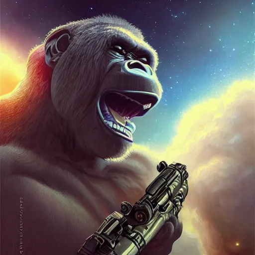 Image similar to detailed science - fiction character portrait of a silverback gorilla shooting a alien gun in space, intricate, wild, highly detailed, digital painting, artstation, concept art, smooth, sharp focus, illustration, art by artgerm and greg rutkowski and alphonse mucha