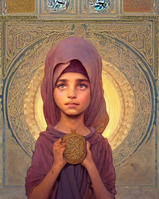 Prompt: a faceless bedouin child infront of a big open quran highly detailed, gold filigree, romantic storybook fantasy, soft cinematic lighting, award, disney concept art watercolor illustration by mandy jurgens and alphonse mucha and alena aenami, pastel color palette, featured on artstation