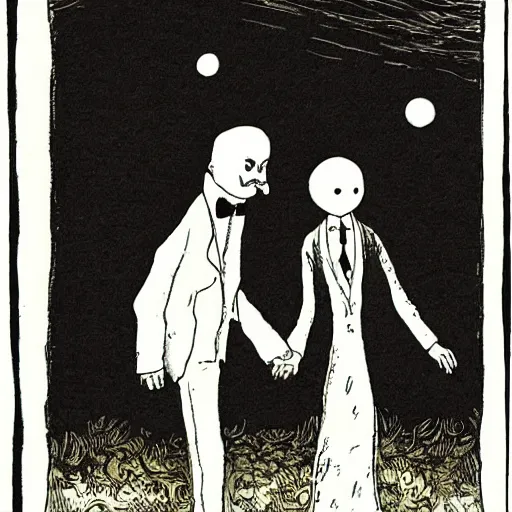 Prompt: awkward encounter, illustrated by edward gorey, edgar allan poe - n 4