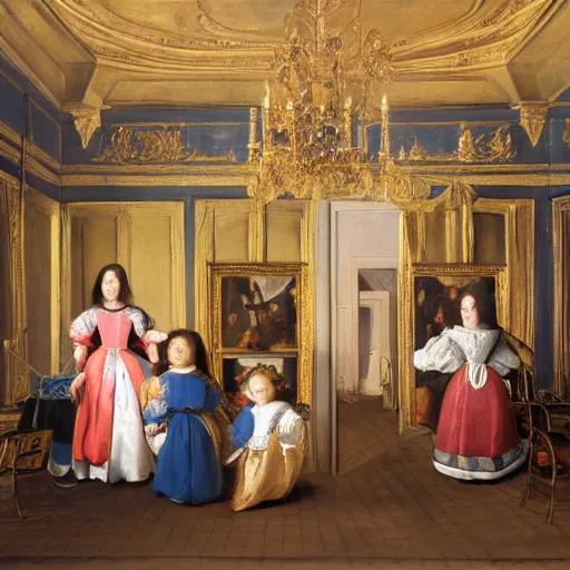 Prompt: oil canva family portrait in the main room of the castle painted in 1 6 5 6, dark room, one point of light coming through the window inspired by las meninas, spaces between subjects and good detail and realistic face form for each person in the canva, inspired by diego velasquez better quiality