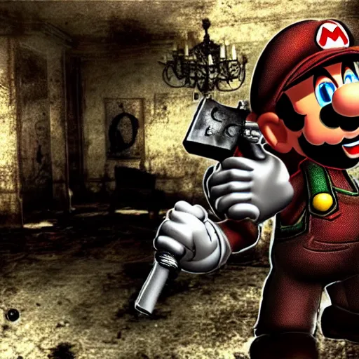 Prompt: super mario in resident evil 4 fighting zombies