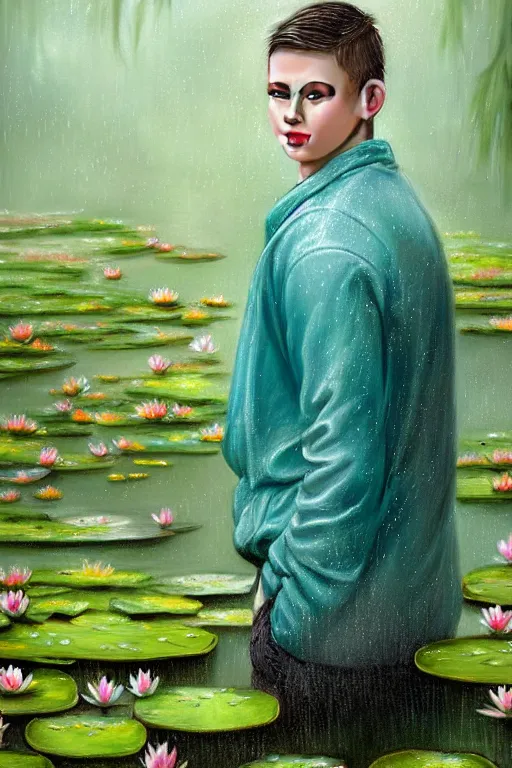 Image similar to light teal portrait of a young man in the rain on pond with waterlilies, fantasy, intricate, elegant, dramatic lighting, emotionally evoking symbolic metaphor, highly detailed, lifelike, photorealistic, digital painting, artstation, concept art, smooth, sharp focus, illustration, art by John Collier and Albert Aublet and Krenz Cushart and Artem Demura and Alphonse Mucha