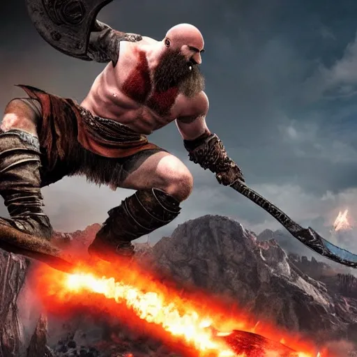 Image similar to kratos, with leviathan axe, jumping a black harley - davidson motorcycle off a cliff, cinematic render, playstation studios official media, god of war 2 0 1 8