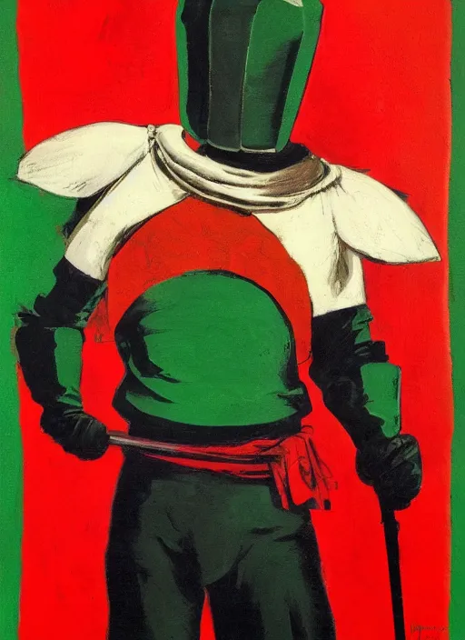 Image similar to portrait of noble fencer, coherent! by mariusz lewandowski, by frank frazetta, deep color, strong line, red green black teal, minimalism, high contrast