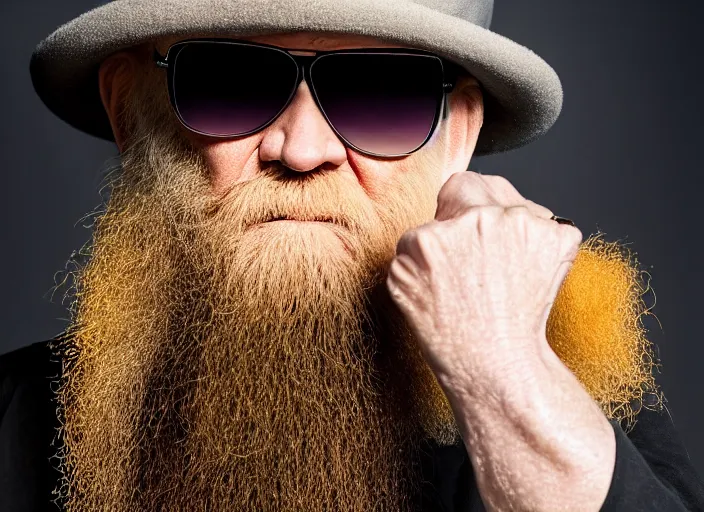 Image similar to photo still of billy gibbons of zz top!!!!!!!! at age 4 6 years old 4 6 years of age!!!!!!!! grilling hamburgers, 8 k, 8 5 mm f 1. 8, studio lighting, rim light, right side key light