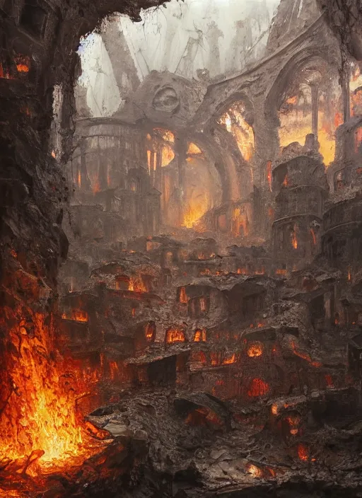 Prompt: ruins in hell, oil painting by tomasz jedruszek, cinematic lighting, pen and ink, intricate line, hd, 4 k, million of likes, trending on artstation