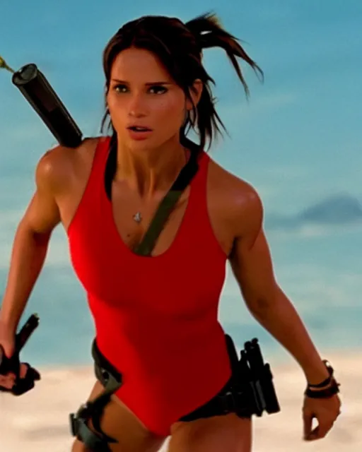 Prompt: a still of Lara Croft at the beach with weapons in a red swimsuit in the tv series Baywatch, bokeh, HDR, highly detailed and intricate