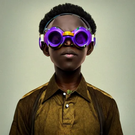 Image similar to colourful vfx upper half - portrait - art of a nigerian boy wearing steam punk goggles, art by stanley artgem lau & tenmyouya hisashi, digital render, digital illustration, concept art, caricature, volumetric light, ray tracing, symmetrical, unreal engine, octane 3 d render, sharp, detailed, intricate detail, pinterest, behance, art station,