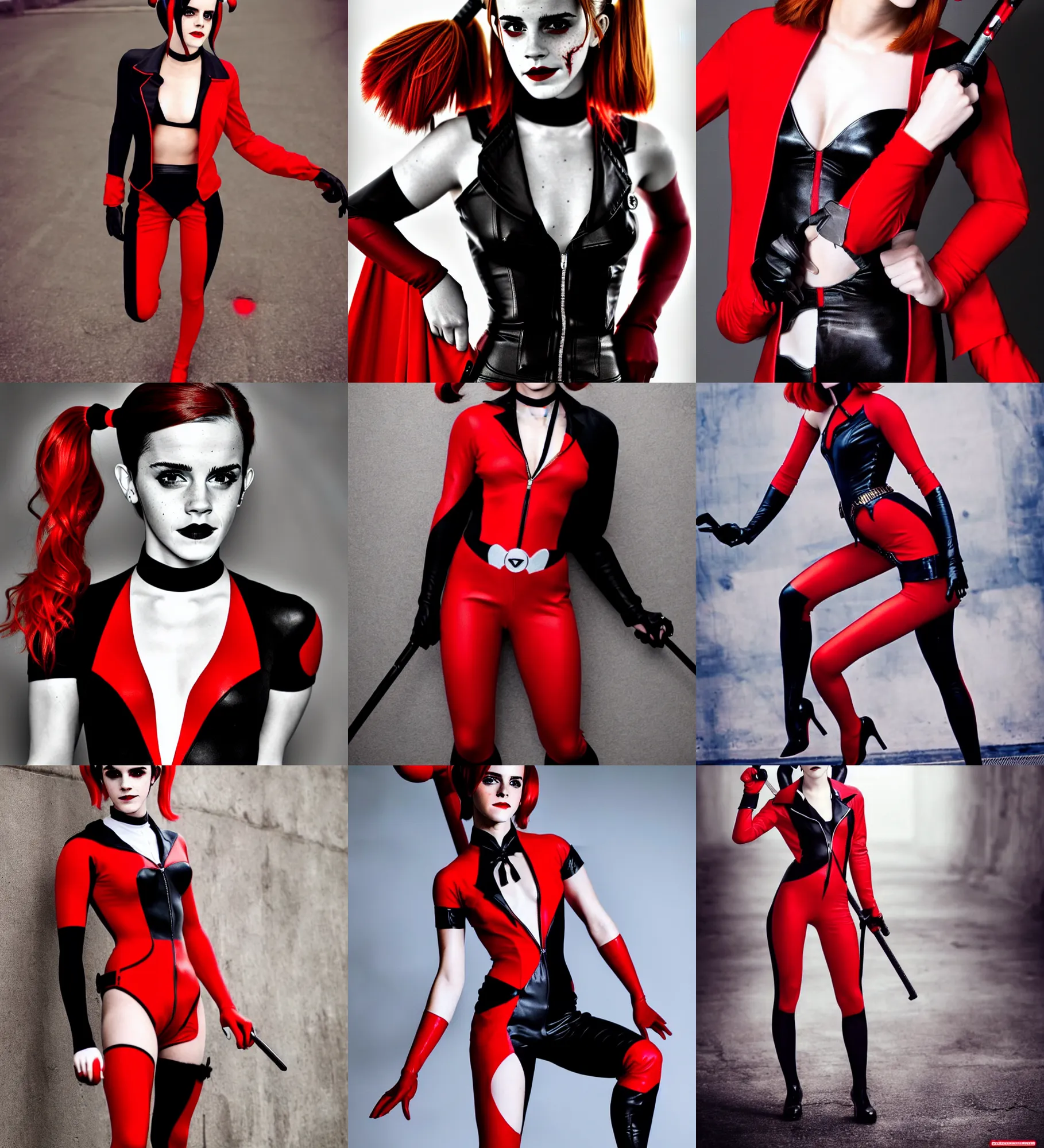 Prompt: attractive Emma Watson cosplaying as classic Harley Quinn!!! in her signature red and black plugsuit , hourglass slim figure , full body zenkai classic Harley suit , solo photoshoot , DSLR , wallpaper , cosplay , full body , cinematic 4K blu-ray , japanese live-action movie