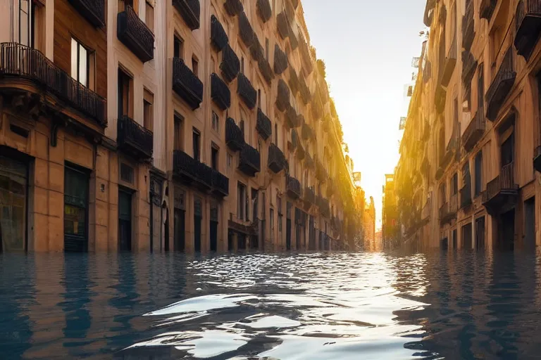 Image similar to views of catastrophic barcelona streets covered with high water, global warming, floating cars, sunset lighting, photo real