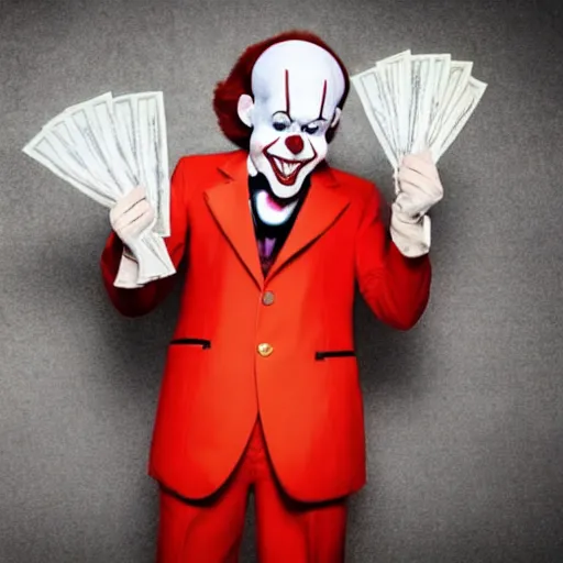 Image similar to Pennywise the clown wearing a suit and holding a stash of banknotes in his hands, full body shot