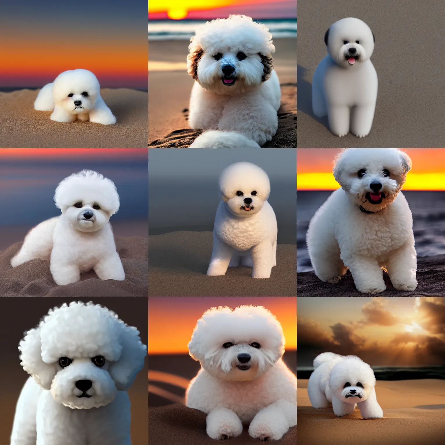 Prompt: a closeup photorealistic photograph of white bichon frise in the style of a panda on the beach at sunset. This 4K HD image is Trending on Artstation, featured on Behance, well-rendered, extra crisp, features intricate detail and the style of Unreal Engine.