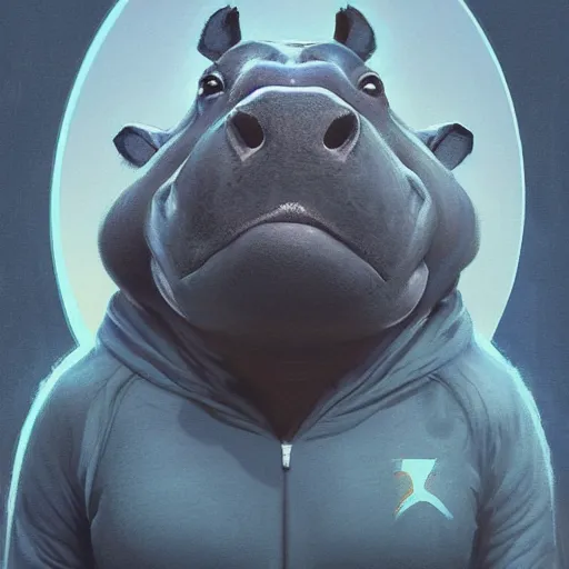 Image similar to a award winning commission portrait of a fit anthro hippo wearing a blue tracksuit,digital art,art by greg rutkowski,character design by charles bowater,detailed face,hyperdetailed,photorealistic,artstation,deviantart,4k,western comic art,sharp,high definition