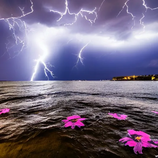 Prompt: dramatic lightning, photo 1 5 mm, wide, flower in the sea