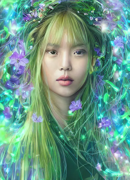 Prompt: portrait of Lalisa Manobal as a Celestial Goddess of a futuristic pearlescent holographic, inside future fighter, sci-fi, fantasy, intricate, lush garden spaceship with sakura season flowers in Kyoto Japan, elegant, human anatomy, royal green and nature light, highly detailed, digital painting, artstation, concept art, smooth, sharp focus, illustration, art by tian zi and WLOP and alphonse mucha, masterpiece, 3d blender