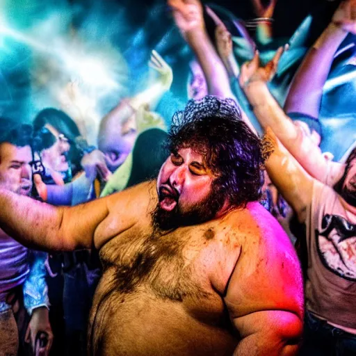 Image similar to a fat gipsy man screams into a mic during a huge party, award winning photograph, colorful