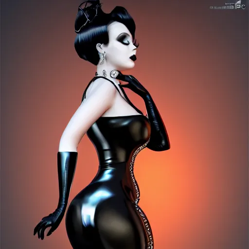 Prompt: curvy feminine goth woman with dignified elaborate tight black-silver nylon and latex ballroom gown, black choker, inviting posture, photorealistic, sublime, 16k, smooth, sharp focus, cgsociety, ArtStation, volumetric lighting