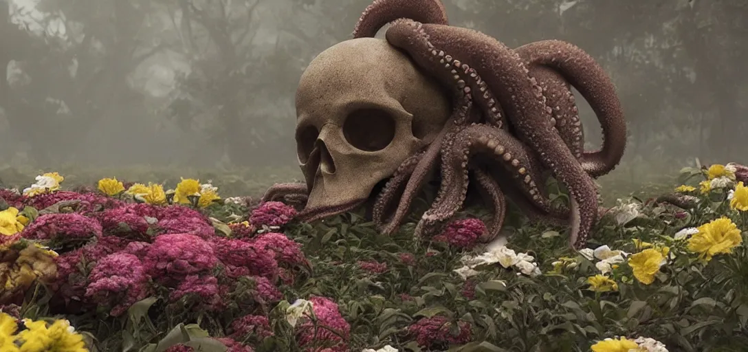 Prompt: an octopus in the shape of a skull surrounded by flowers at [ noon ], foggy, cinematic shot, photo still from movie by denis villeneuve, wayne barlowe