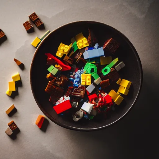 Image similar to professional food photography of a bowl of lego, stunning, 4 k