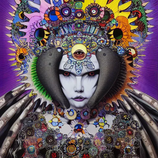 Image similar to the queen of the sun by takashi murakami and h.r. giger, full body, oil on canvas, intricately detailed artwork, full 8k high quality resolution, recently just found unknown masterpiece