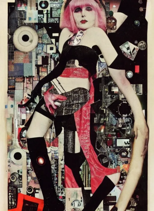 Image similar to cute punk goth fashion fractal alien martian young Debbie Harry wearing kimono made of circuits and leds, surreal Dada collage by Man Ray Kurt Schwitters Hannah Höch Alphonse Mucha, red and black