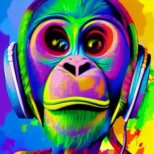 Image similar to colorful illustration of monkey in headphones, colorful splatters, by andy wrahol, by zac retz, by kezie demessance