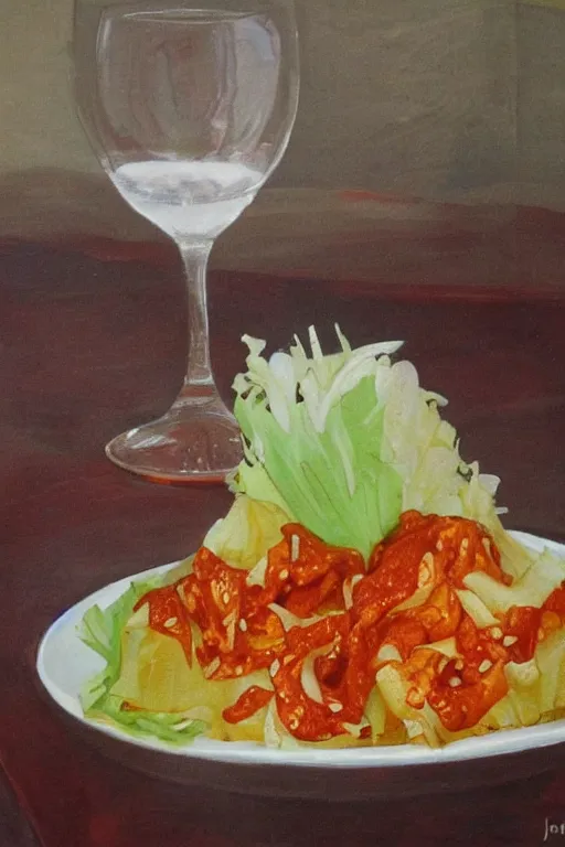 Image similar to kimchi, korean spicy fermented napa cabbage, by jerry pinkney